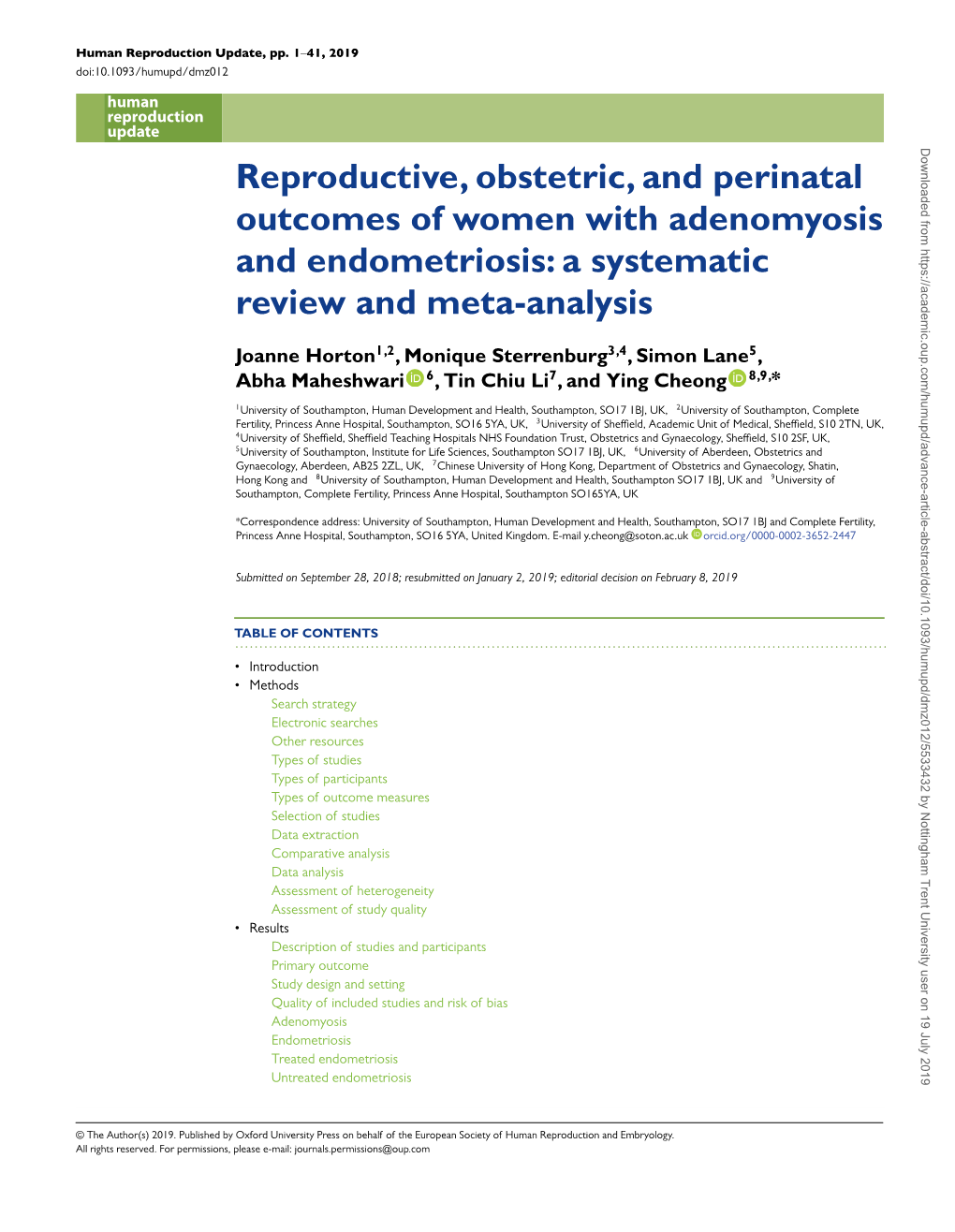 Reproductive, Obstetric, and Perinatal Outcomes of Women with Adenomyosis and Endometriosis: a Systematic Review and Meta-Analysis