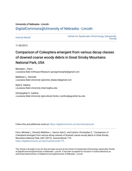 Comparison of Coleoptera Emergent from Various Decay Classes of Downed Coarse Woody Debris in Great Smoky Mountains National Park, USA