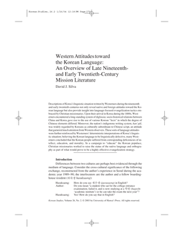 Western Attitudes Toward the Korean Language: an Overview of Late Nineteenth- and Early Twentieth-Century Mission Literature David J