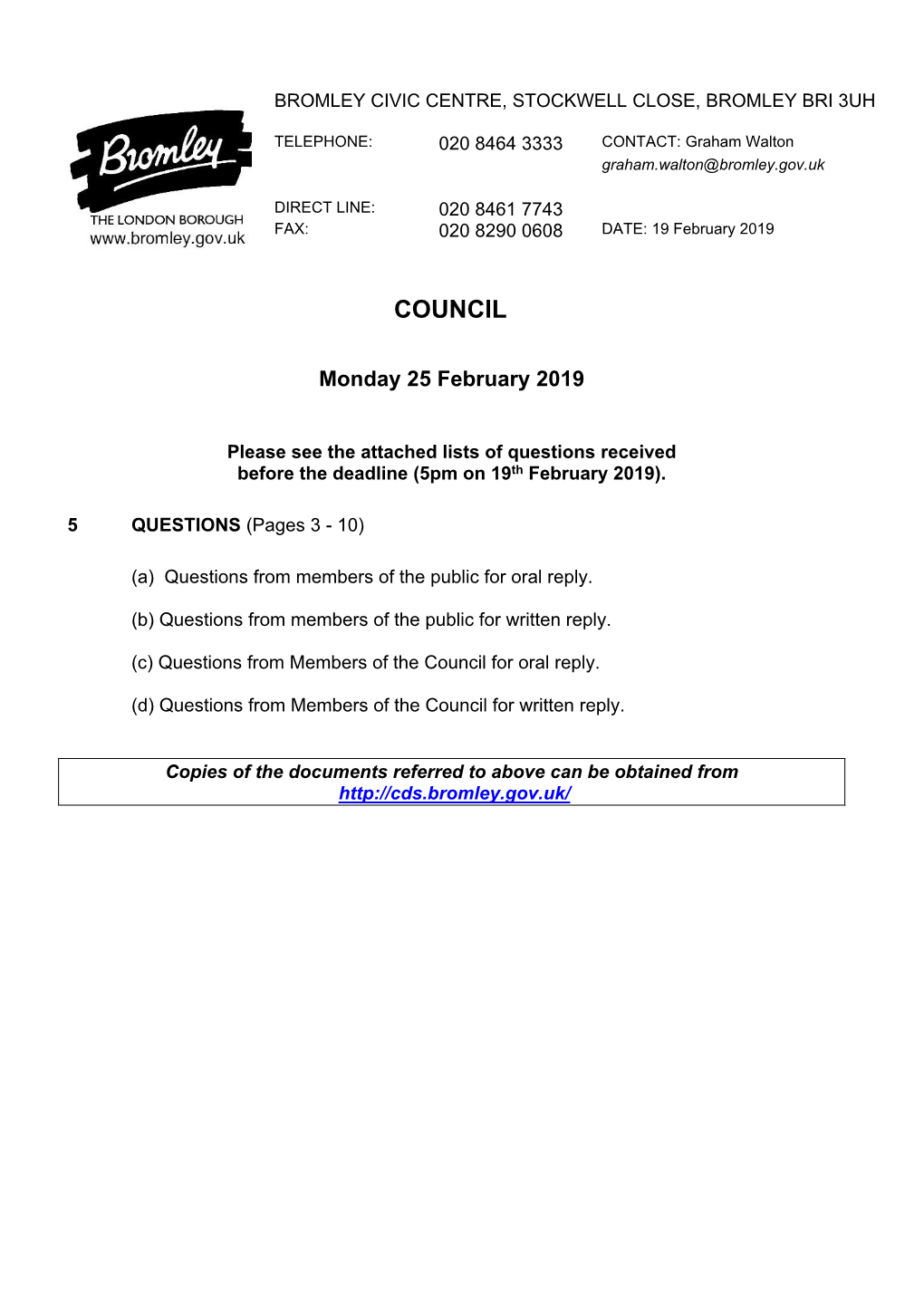 5. Questions Received Agenda Supplement for Council, 25/02