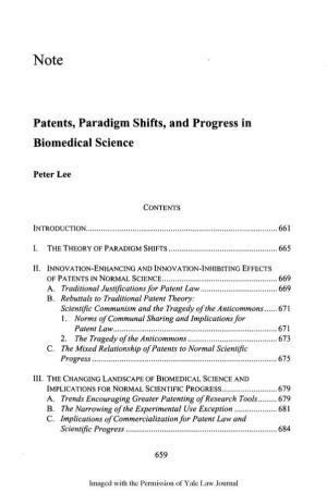 Patents, Paradigm Shifts, and Progress in Biomedical Science