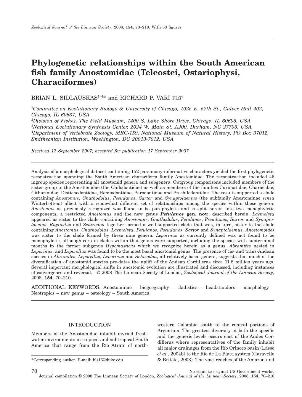 Phylogenetic Relationships Within the South American Fish Family