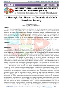 A House for Mr. Biswas: a Chronicle of a Man’S Search for Identity