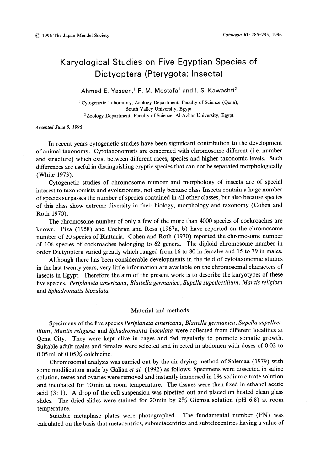 Karyological Studies on Five Egyptian Species of Dictyoptera (Pterygota: Insecta)