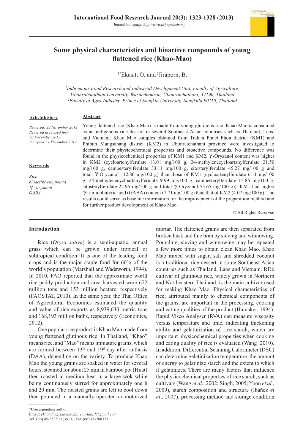 Some Physical Characteristics and Bioactive Compounds of Young Flattened Rice (Khao-Mao)