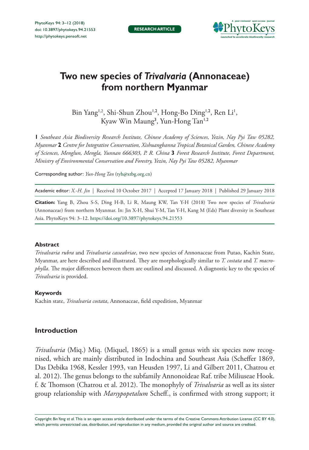 Two New Species of Trivalvaria (Annonaceae) from Northern Myanmar