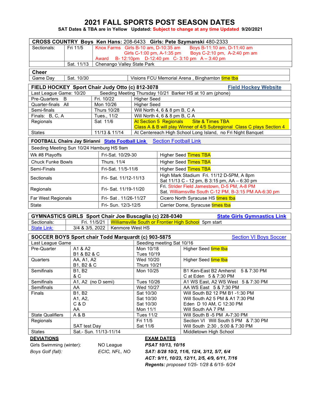 2021 FALL SPORTS POST SEASON DATES SAT Dates & TBA Are in Yellow Updated: Subject to Change at Any Time Updated 9/20/2021