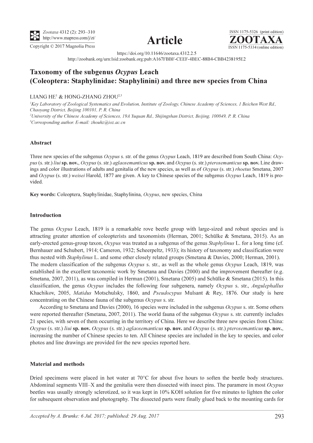 Taxonomy of the Subgenus Ocypus Leach (Coleoptera: Staphylinidae: Staphylinini) and Three New Species from China