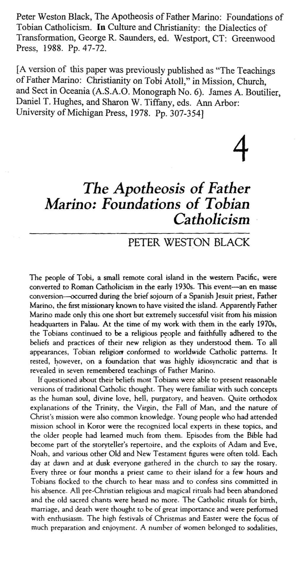 The Apotheosis of Father Marino: Foundations of Tobian Catholicism