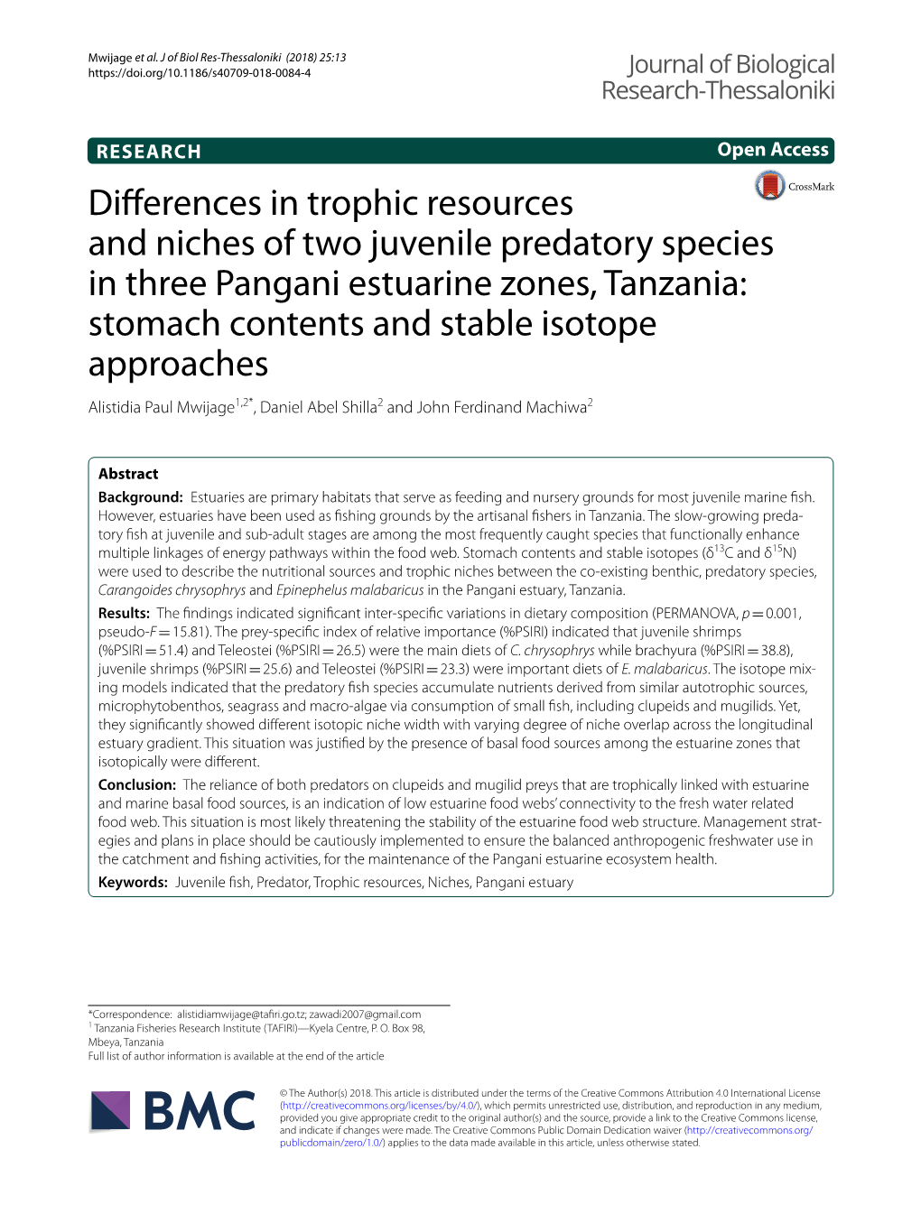 Differences in Trophic Resources and Niches of Two Juvenile Predatory Species in Three Pangani Estuarine Zones, Tanzania