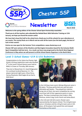Newsletter March 2018 Welcome to the Spring Edition of the Chester School Sport Partnership Newsletter
