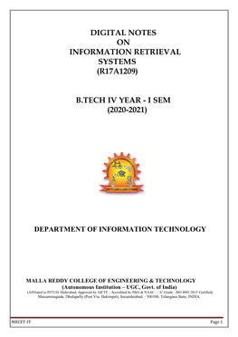 Digital Notes on Information Retrieval Systems (R17a1209) B.Tech Iv Year