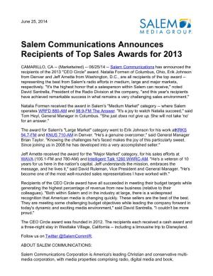 Salem Communications Announces Recipients of Top Sales Awards for 2013