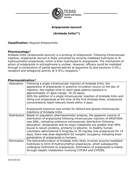 2019-05-02 Aripiprazole Lauroxil (Aristada Initio™) Classification