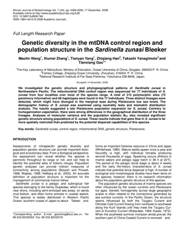 Genetic Diversity in the Mtdna Control Region and Population Structure in the Sardinella Zunasi Bleeker