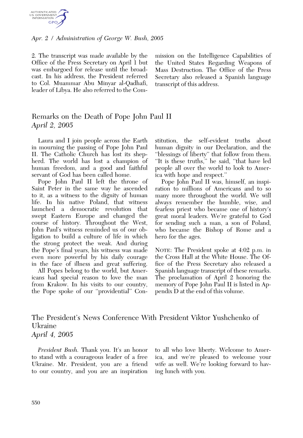 Remarks on the Death of Pope John Paul II April 2, 2005 the President's
