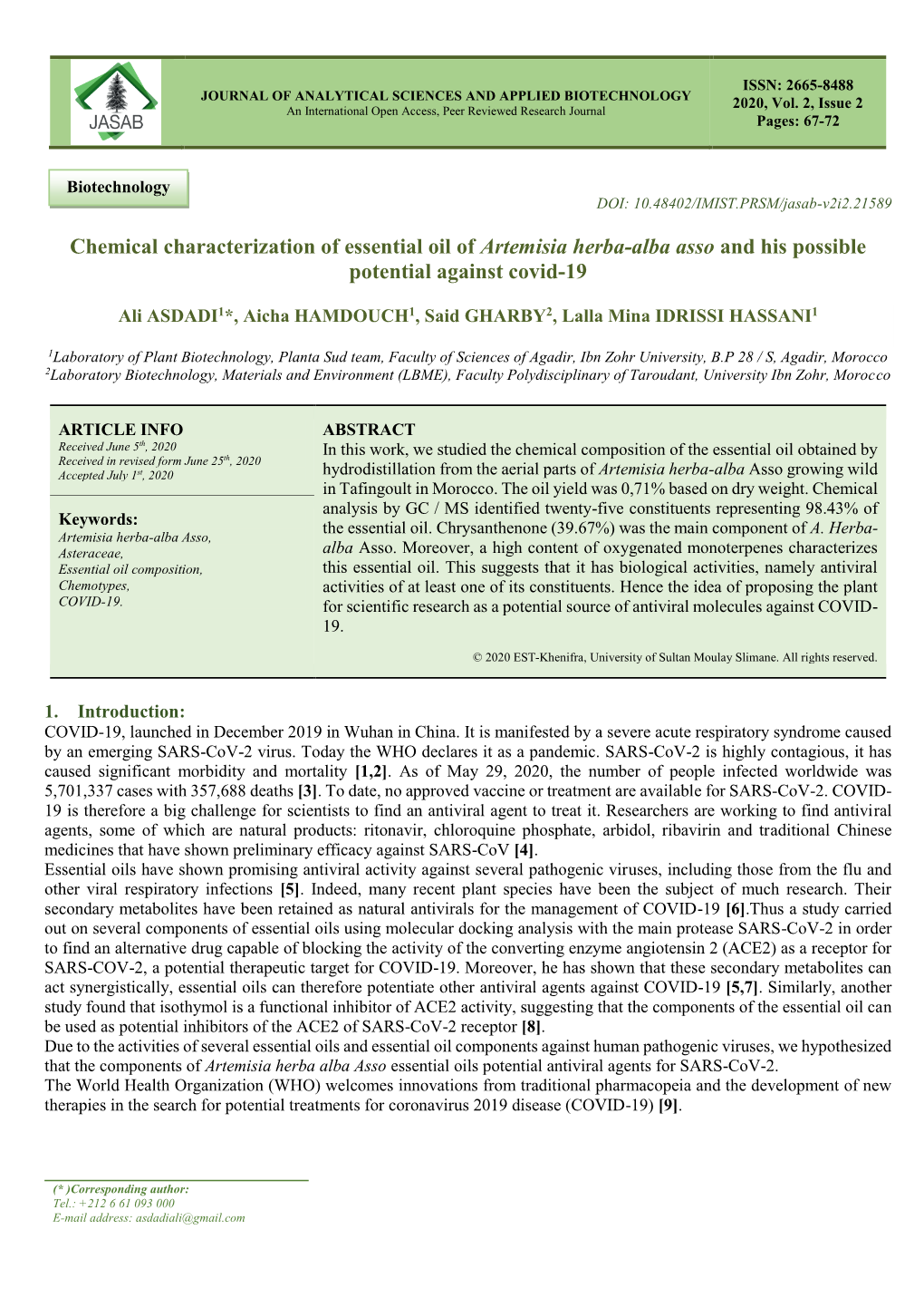 Chemical Characterization of Essential Oil of Artemisia Herba-Alba Asso and His Possible Potential Against Covid-19