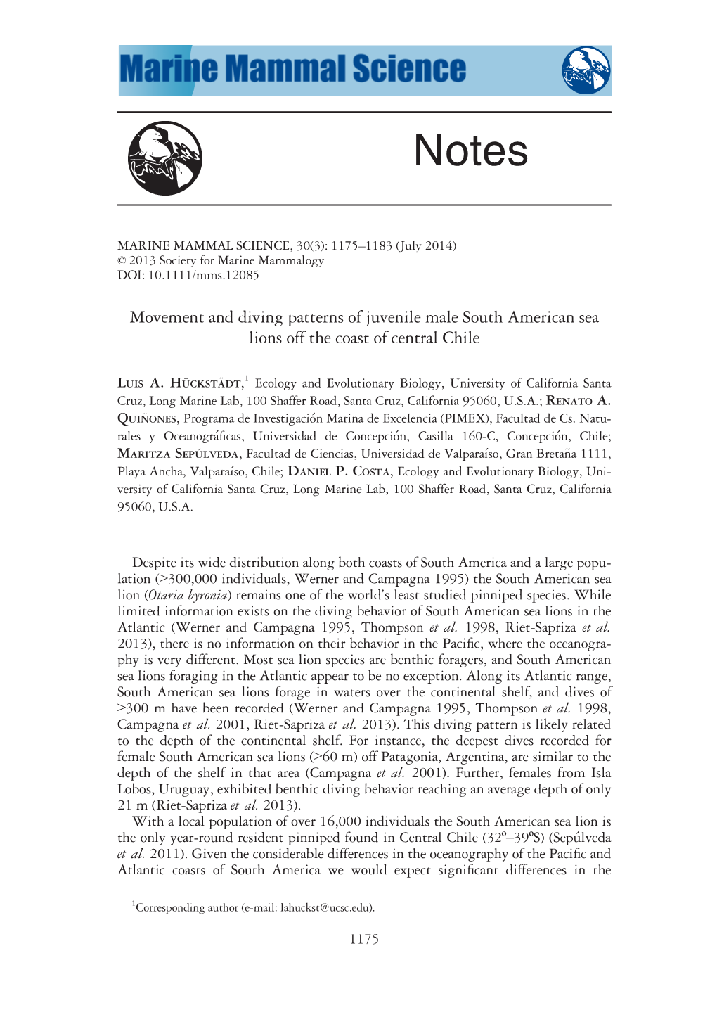 Movement and Diving Patterns of Juvenile Male South American Sea Lions Off the Coast of Central Chile