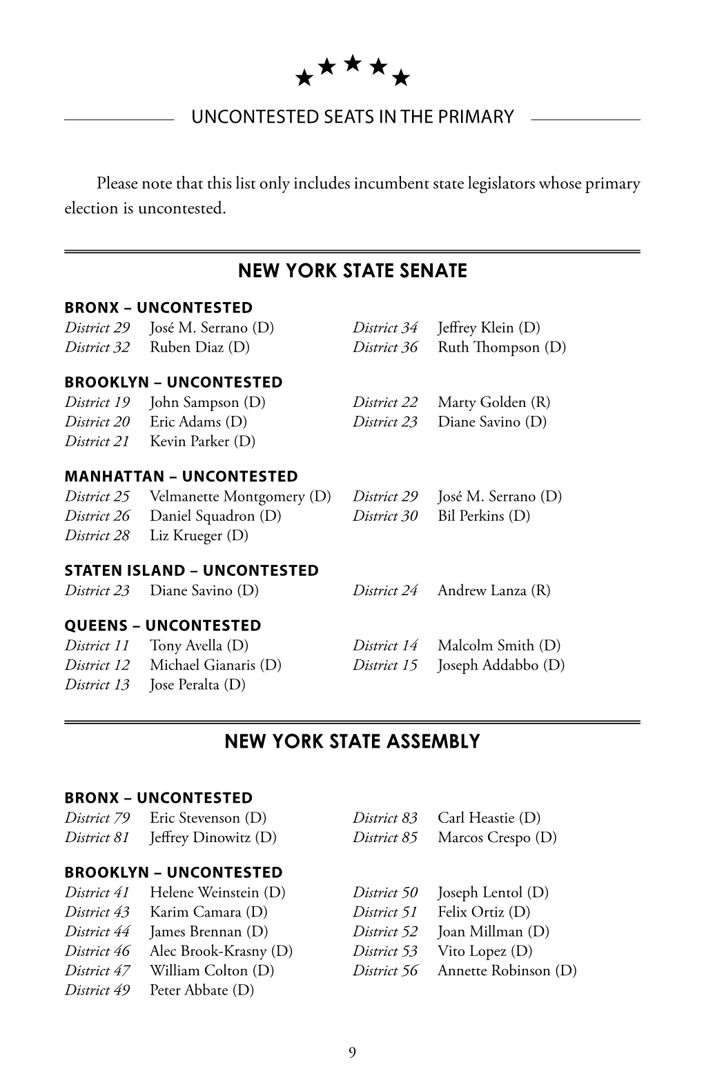 UNCONTESTED SEATS in the Primary NEW