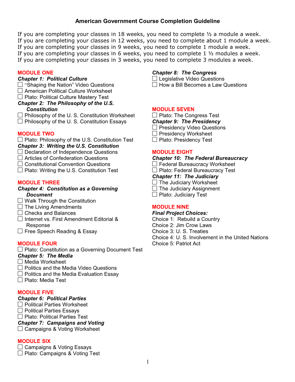 American Government Course Completion Guideline