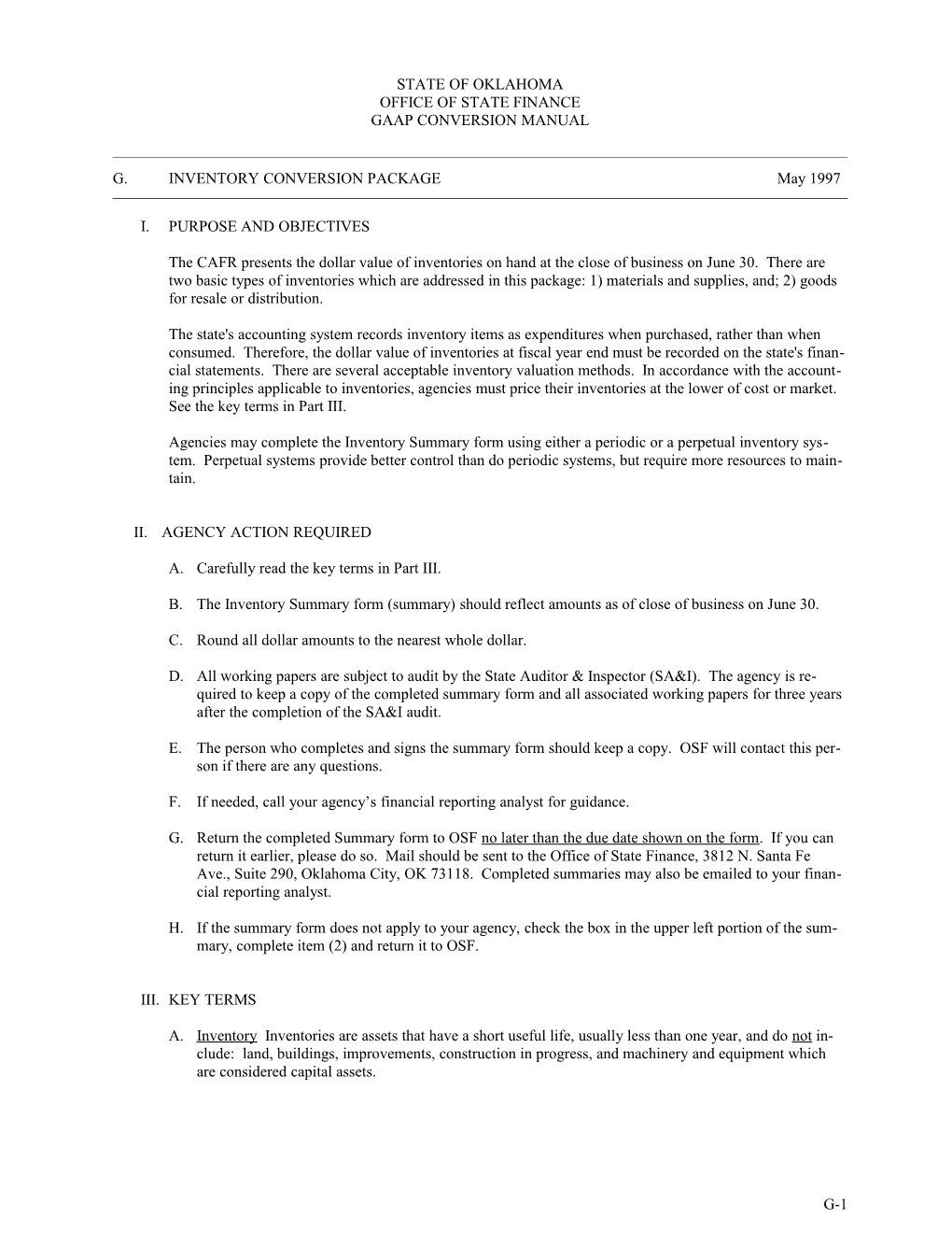 OSF Form G-1: Inventory Conversion Package