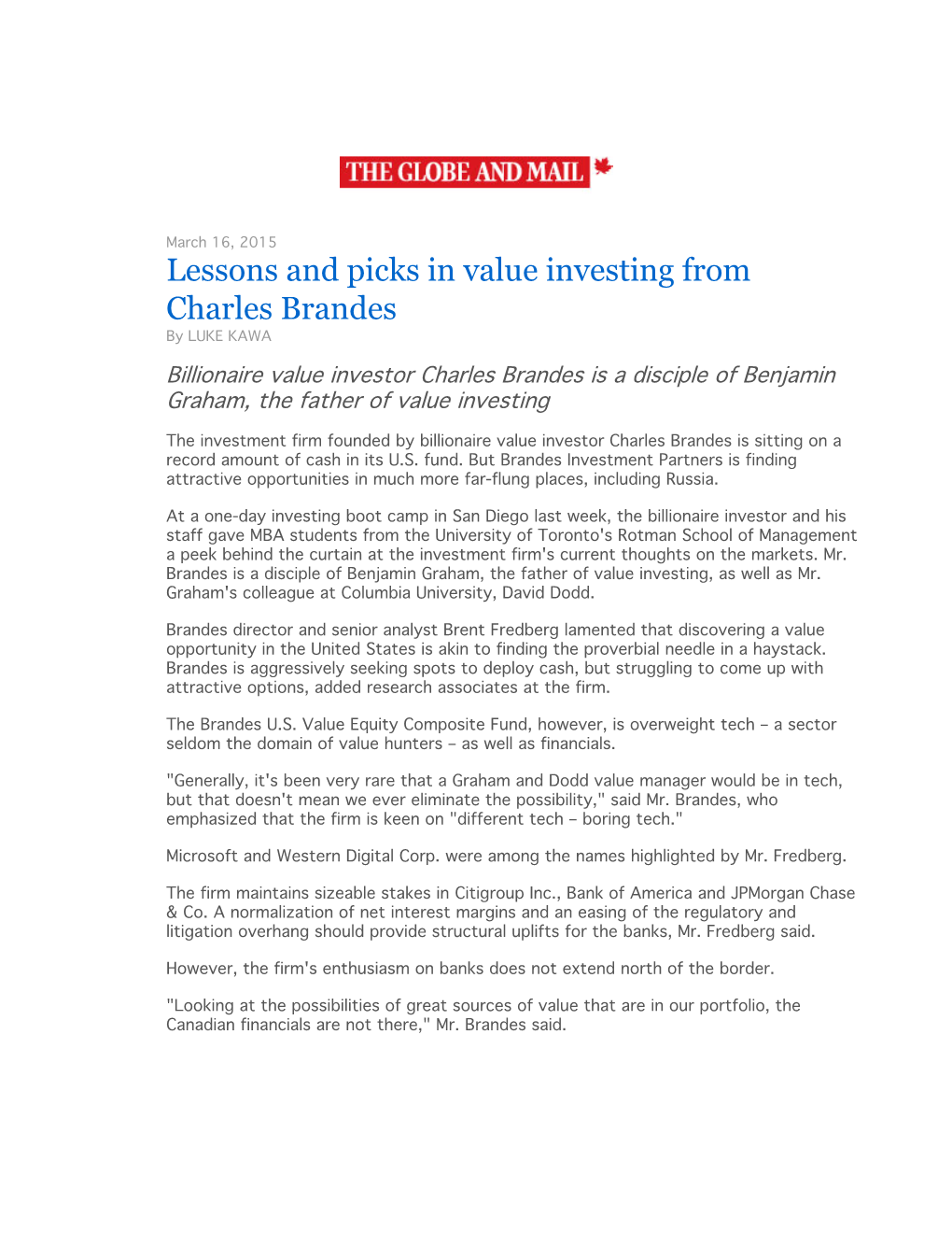 Lessons and Picks in Value Investing from Charles Brandes by LUKE KAWA