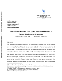 Capabilities of Aras Free Zone, Sports Tourism and Provision of Effective Solutions to Its Development Date Received: 11, March 2014 Date Accepted: 24 July 2014