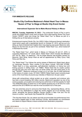 Studio City Confirms Madonna's Rebel Heart Tour in Macau