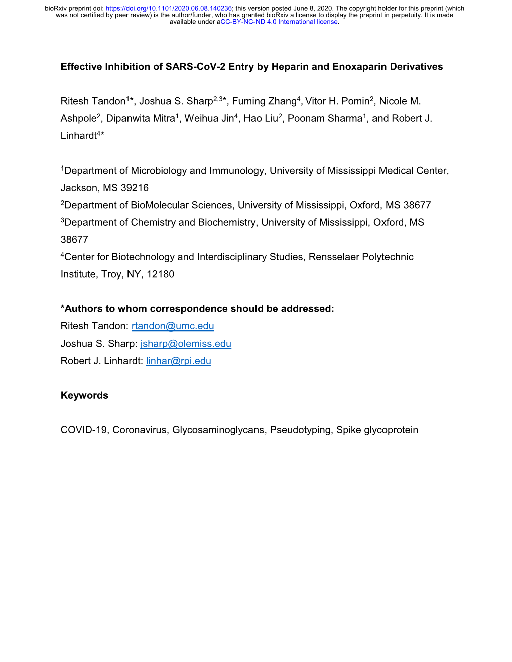 Effective Inhibition of SARS-Cov-2 Entry by Heparin and Enoxaparin Derivatives