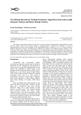 New Diatom Records for Turkish Freshwater Algal Flora from Lakes Ladik (Samsun, Turkey) and Hazar (Elazığ, Turkey)