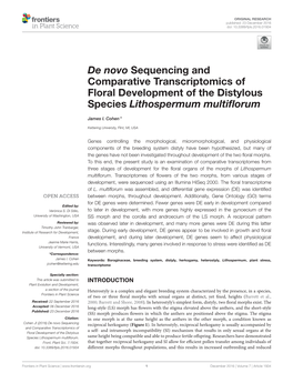 De Novo Sequencing and Comparative Transcriptomics of Floral Development of the Distylous Species Lithospermum Multiﬂorum