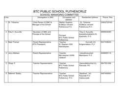 BTC PUBLIC SCHOOL PUTHENCRUZ SCHOOL MANAGING COMMITTEE Sl.No Desingation in SMC Occupation and Residential Address Phone