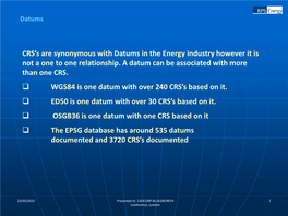 CRS's Are Synonymous with Datums in the Energy Industry However It Is Not a One to One Relationship. a Datum Can Be Associated