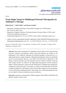 From Single Target to Multitarget/Network Therapeutics in Alzheimer’S Therapy