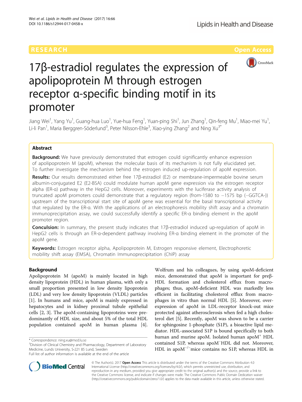 17Β-Estradiol Regulates the Expression of Apolipoprotein M Through