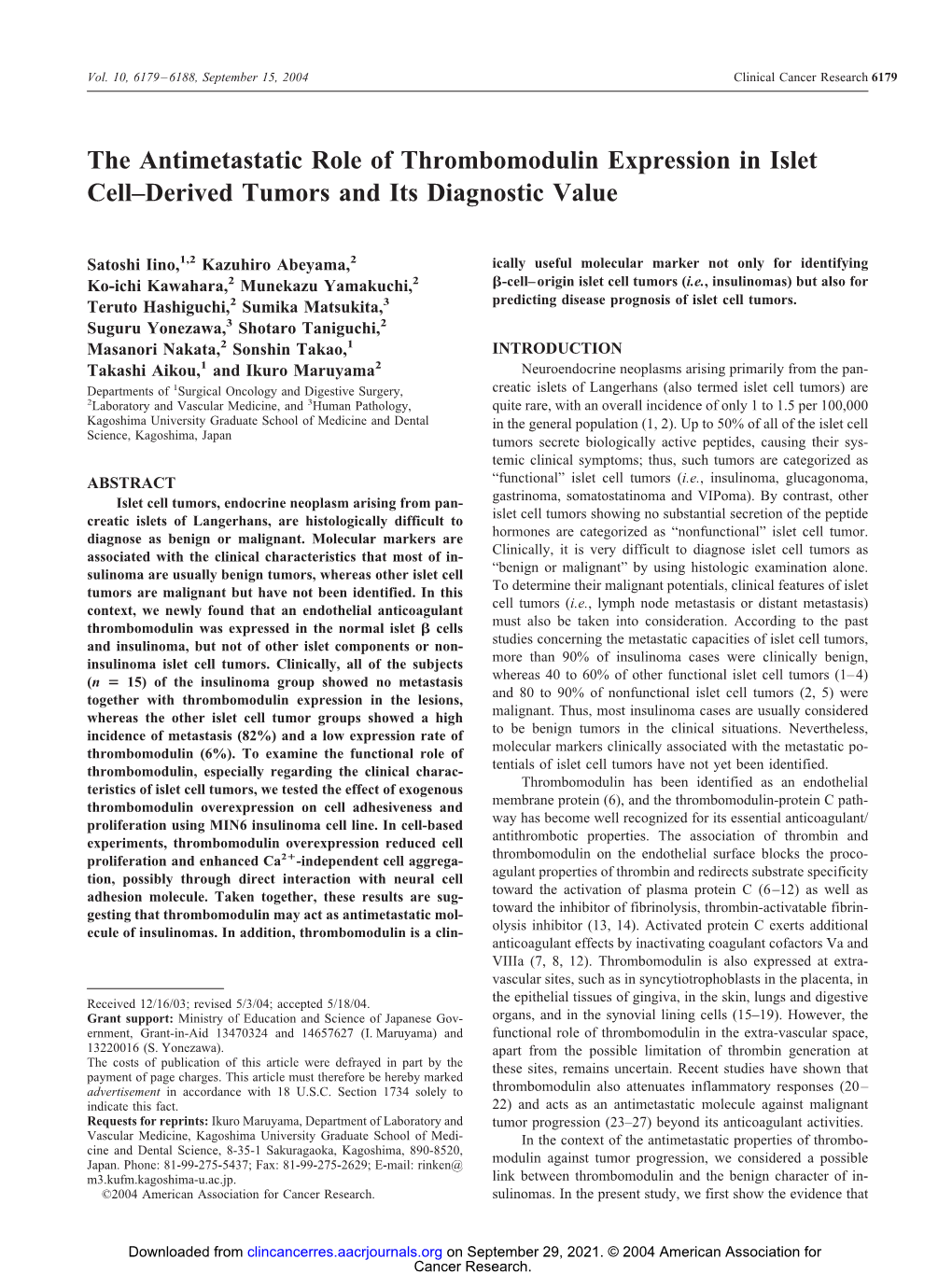 The Antimetastatic Role of Thrombomodulin Expression in Islet Cell–Derived Tumors and Its Diagnostic Value