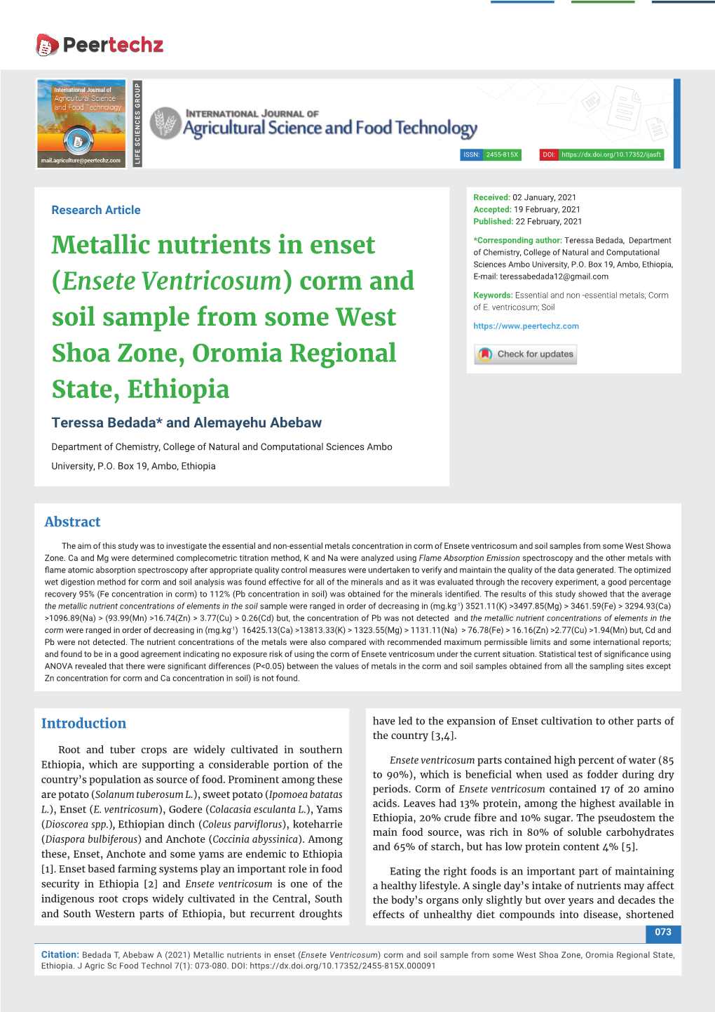 Ensete Ventricosum) Corm and Keywords: Essential and Non -Essential Metals; Corm of E