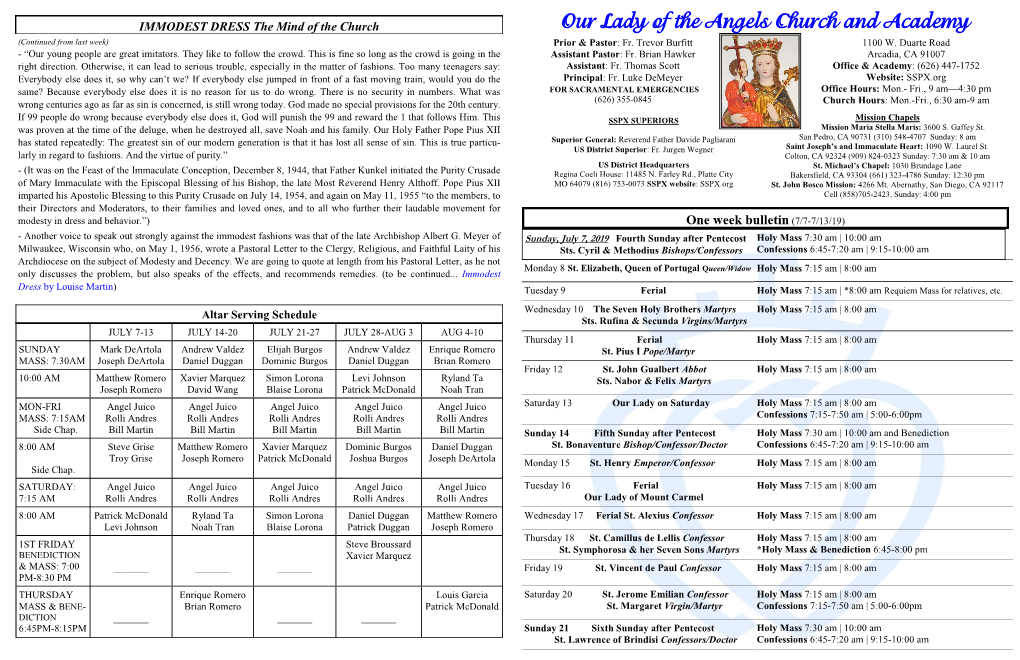 Our Lady of the Angels Church and Academy (Continued from Last Week) Prior & Pastor: Fr