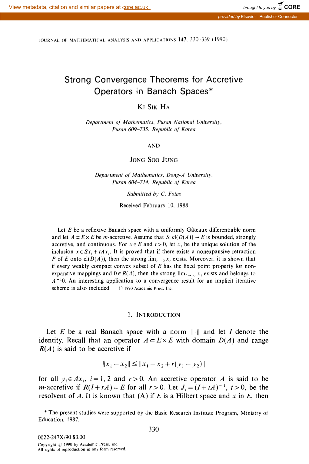 Strong Convergence Theorems for Accretive Operators in Banach Spaces*