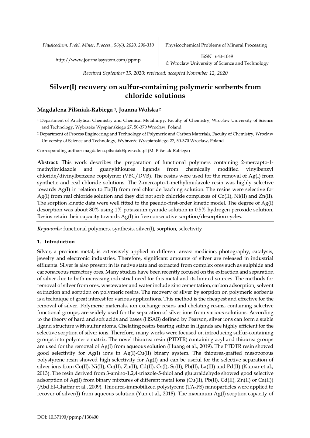 Silver(I) Recovery on Sulfur-Containing Polymeric Sorbents from Chloride Solutions