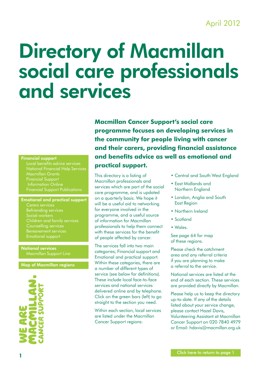 Directory of Macmillan Social Care Professionals and Services