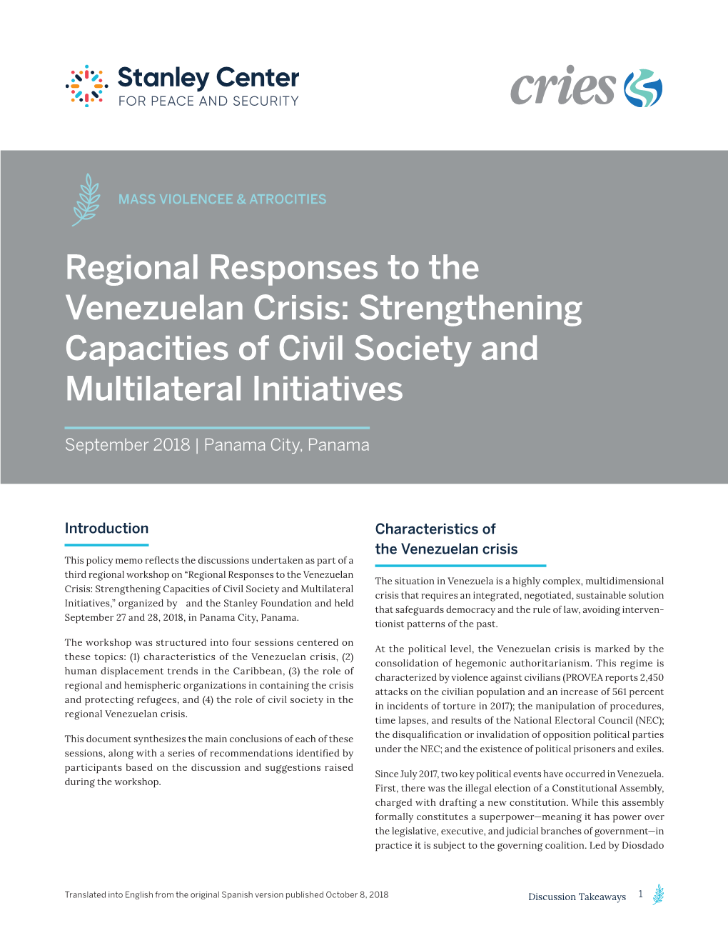 Regional Responses to the Venezuelan Crisis: Strengthening Capacities of Civil Society and Multilateral Initiatives