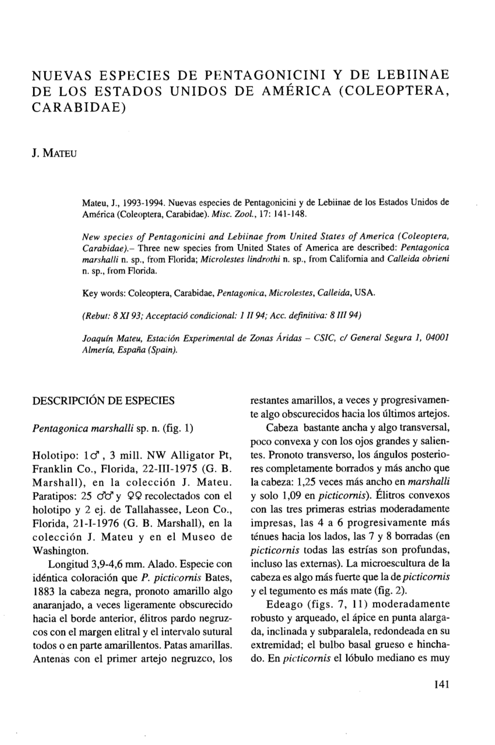 Nuevas Especies De Pentagonicini Y De Lebiinae De Los Estados Unidos De América (Coleoptera, Carabidae)