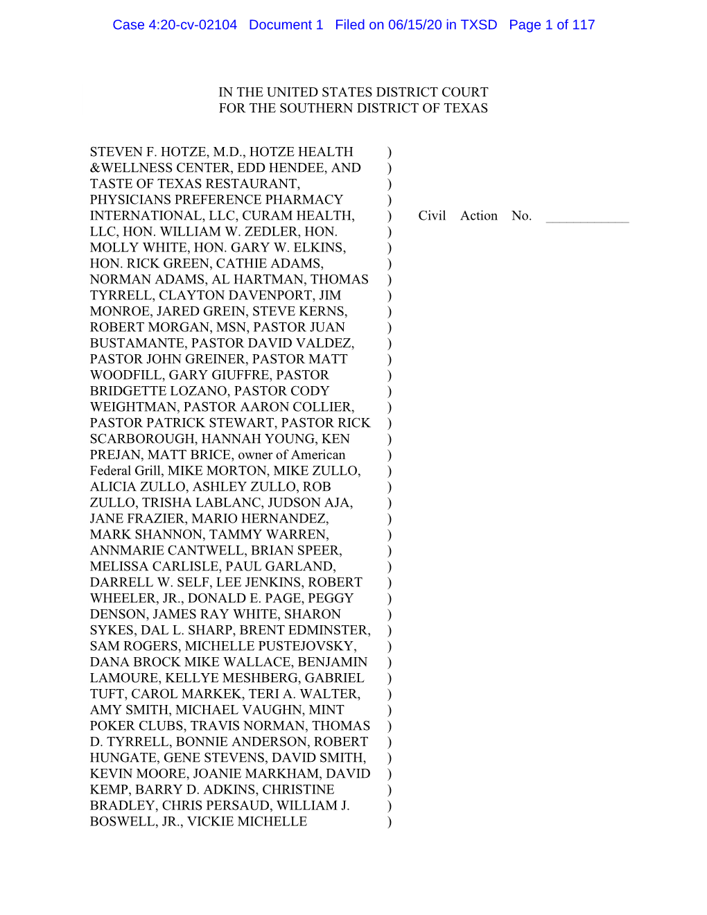 Case 4:20-Cv-02104 Document 1 Filed on 06/15/20 in TXSD Page 1 of 117