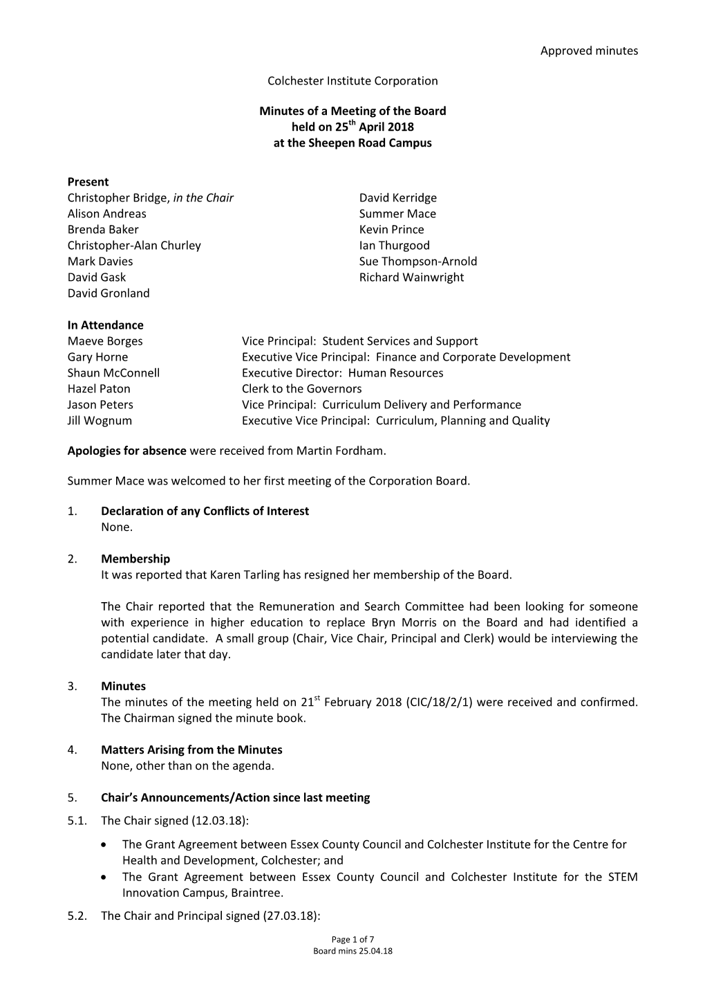 Approved Minutes Colchester Institute Corporation Minutes of a Meeting Of