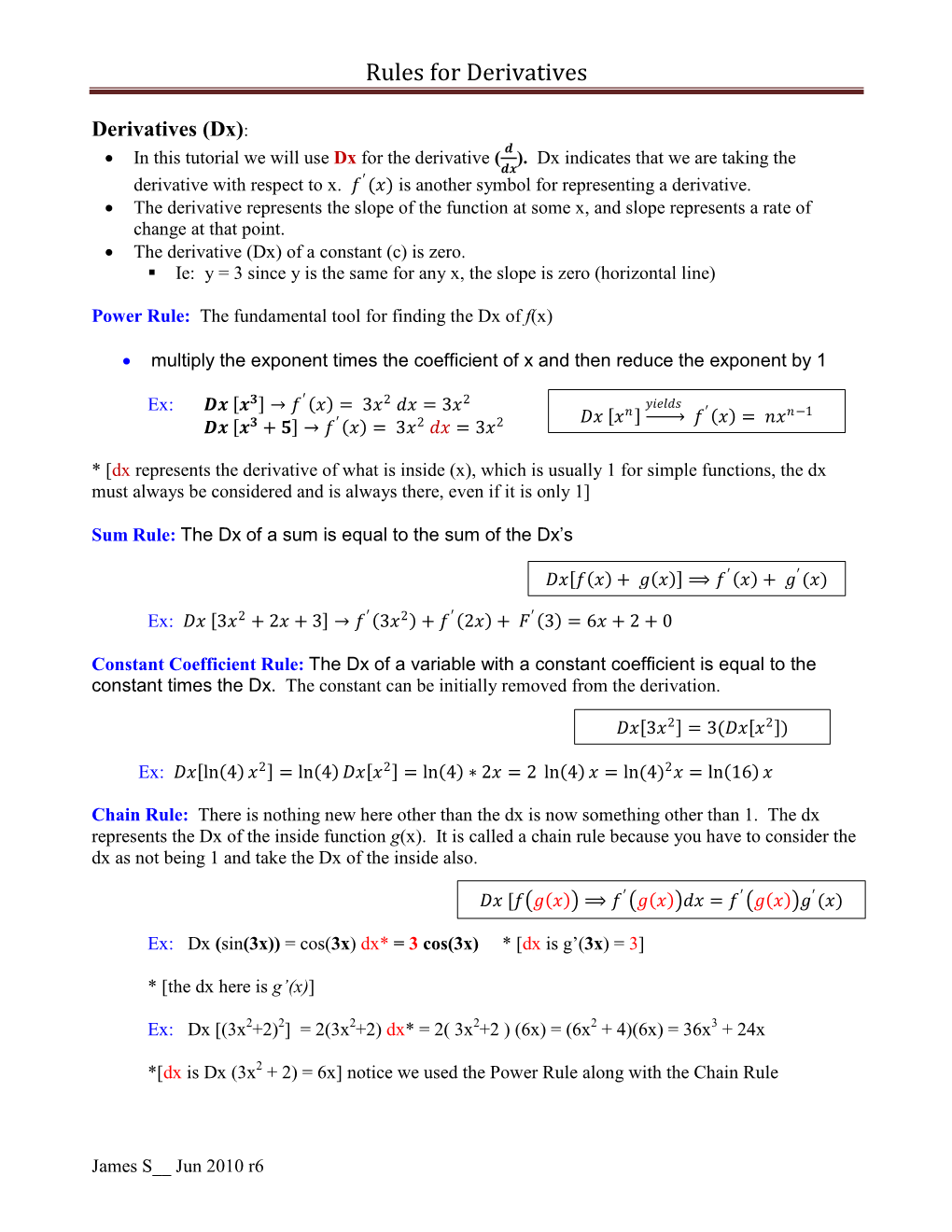 Rules for Derivatives