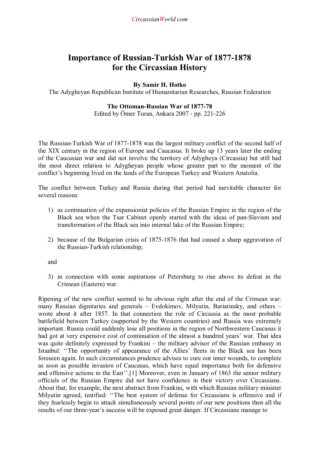 Importance of Russian-Turkish War of 1877-1878 for the Circassian History