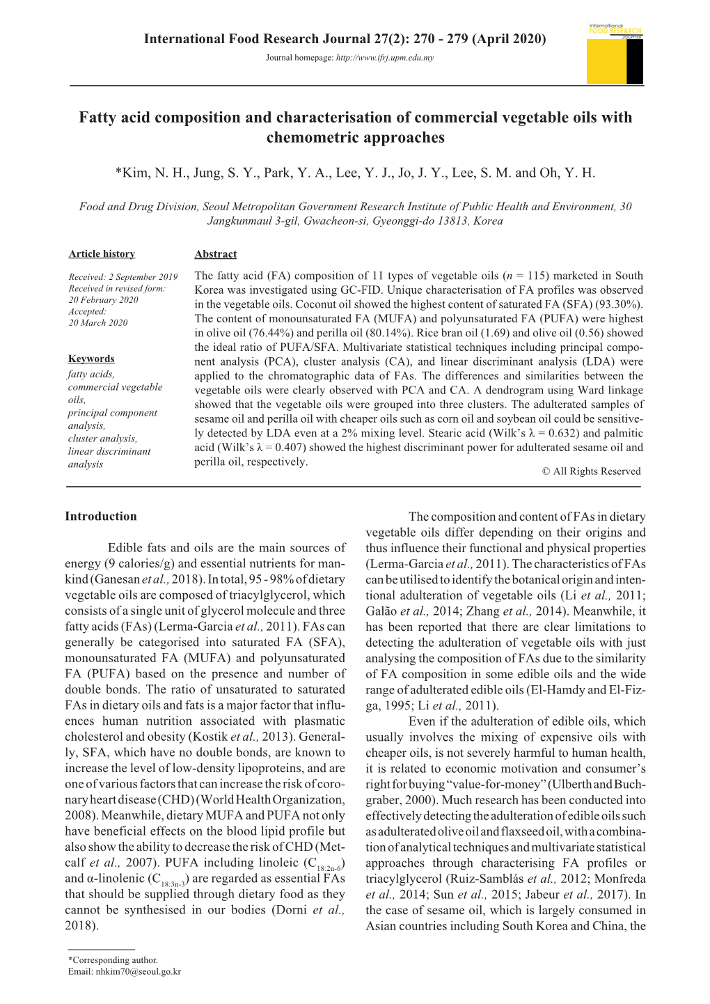 Fatty Acid Composition and Characterisation of Commercial Vegetable Oils with Chemometric Approaches