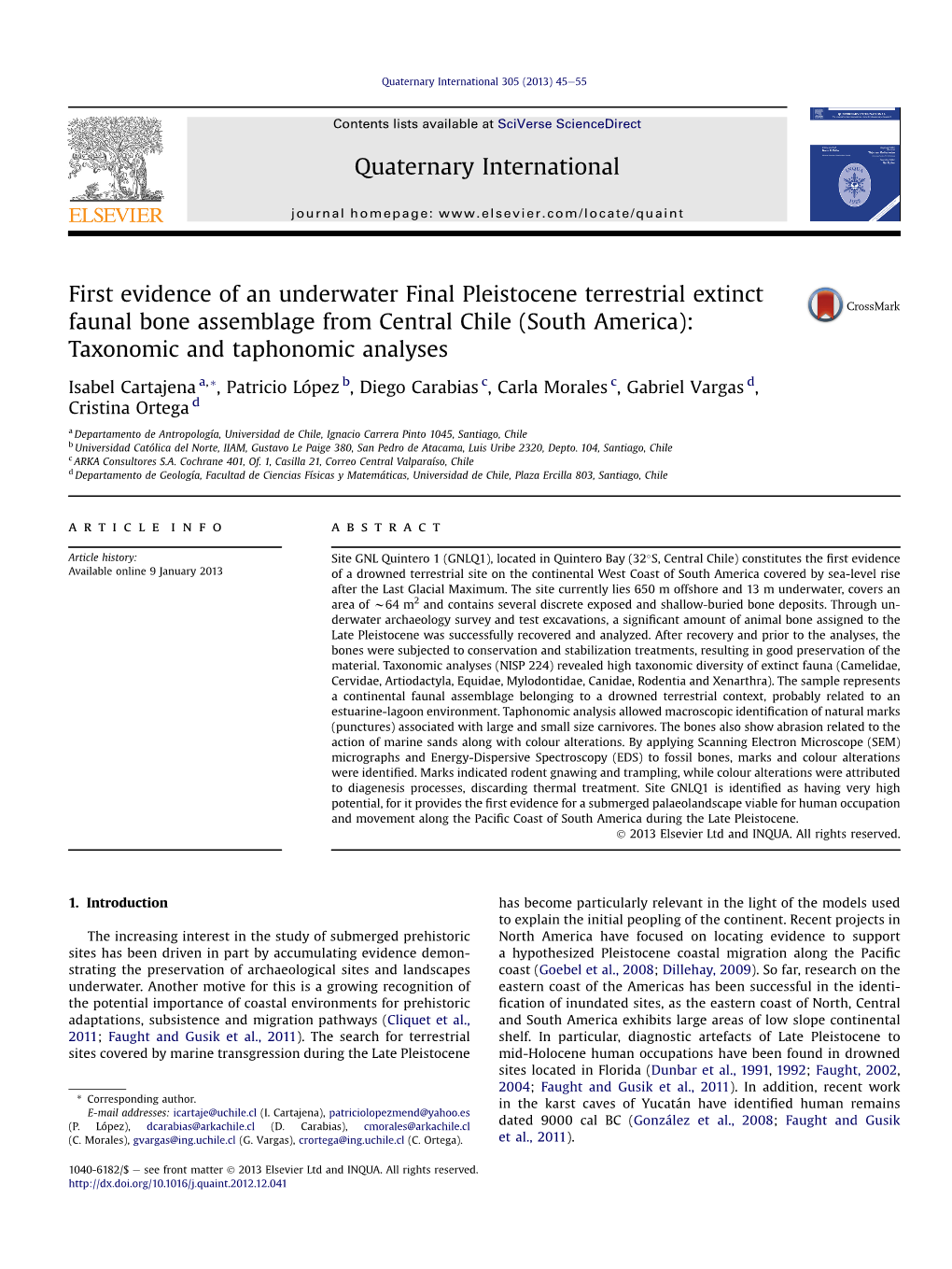 First Evidence of an Underwater Final Pleistocene Terrestrial Extinct Faunal Bone Assemblage from Central Chile (South America): Taxonomic and Taphonomic Analyses