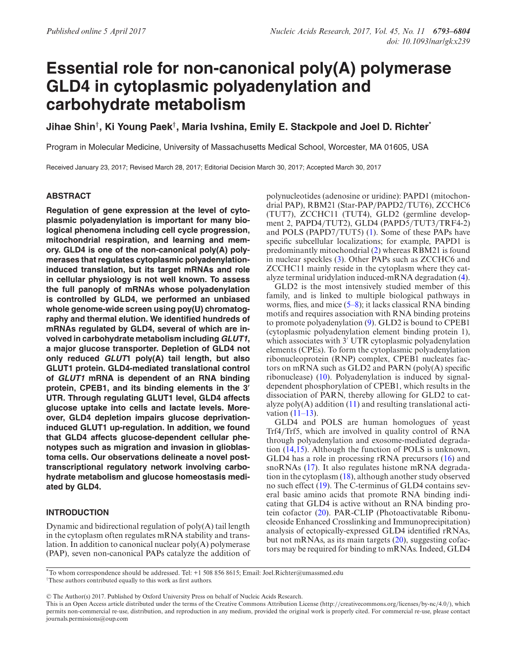 Polymerase GLD4 in Cytoplasmic Polyadenylation and Carbohydrate Metabolism Jihae Shin†, Ki Young Paek†, Maria Ivshina, Emily E